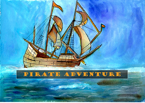 Image of a pirate ship with the words Pirate Adventure at the bottom